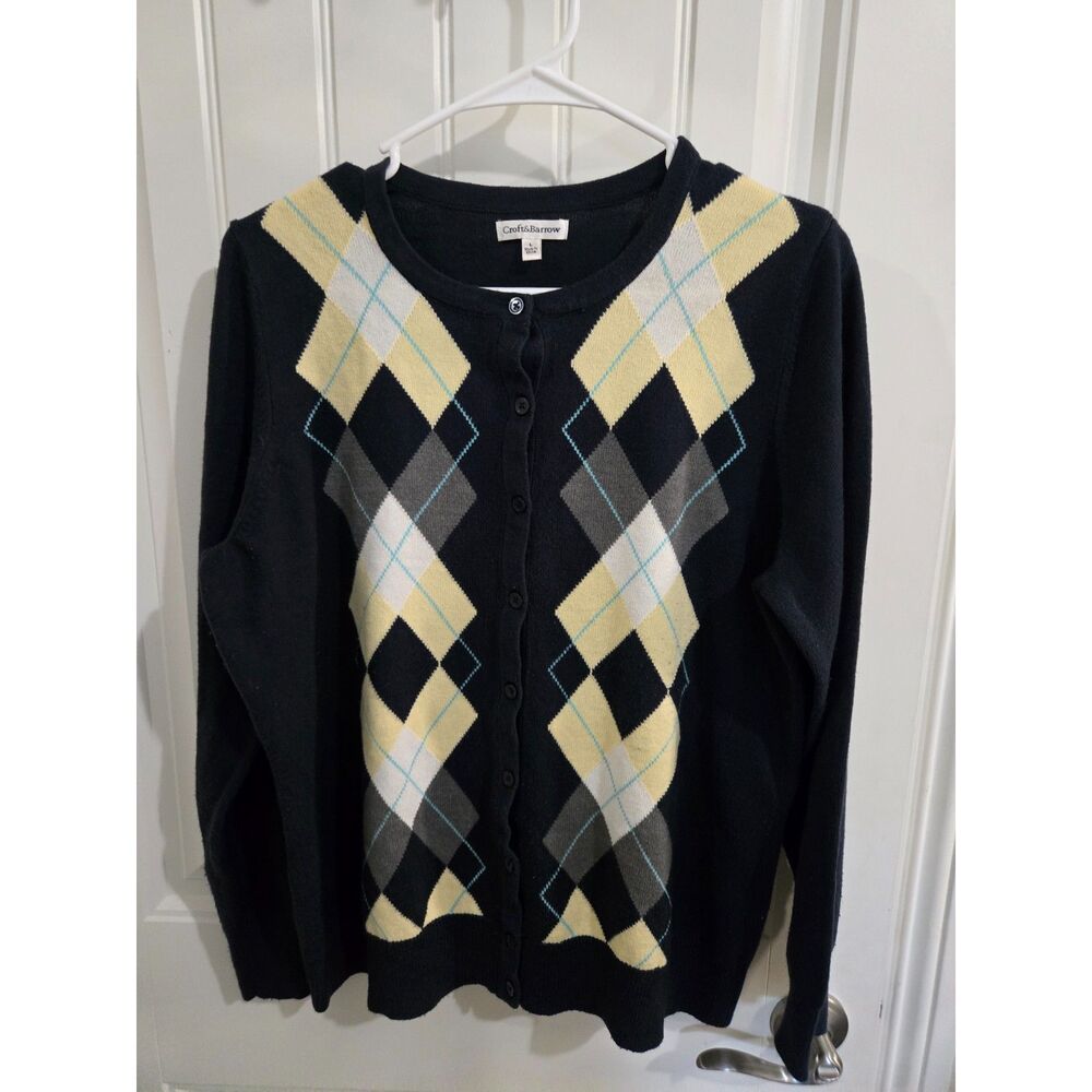 Croft & Barrow Women’s Large Navy Argyle Button Front Cardigan Sweater Acrylic